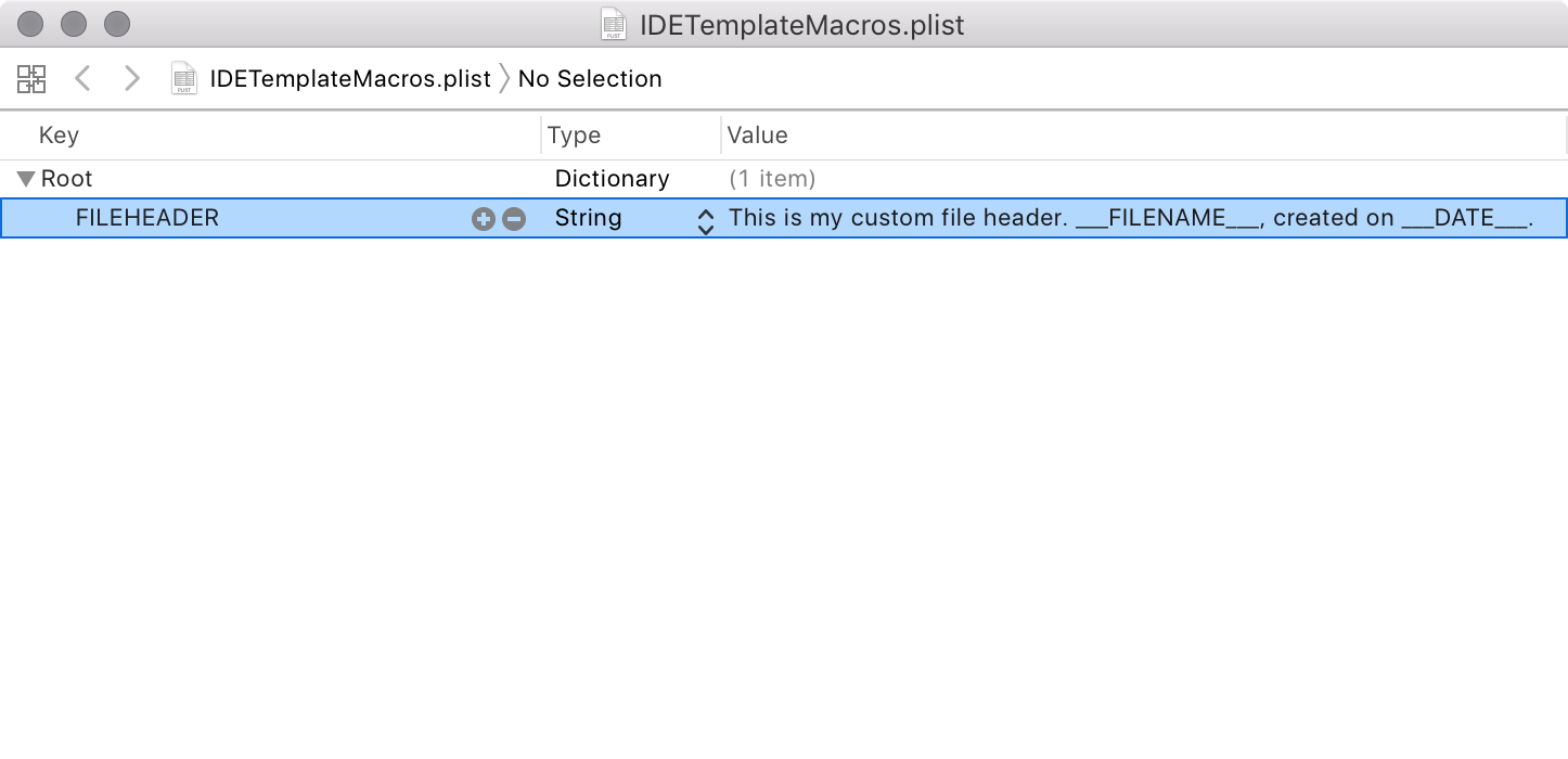 在 Xcode 的 plist 编辑器中编辑`IDETemplateMacros.plist`文件